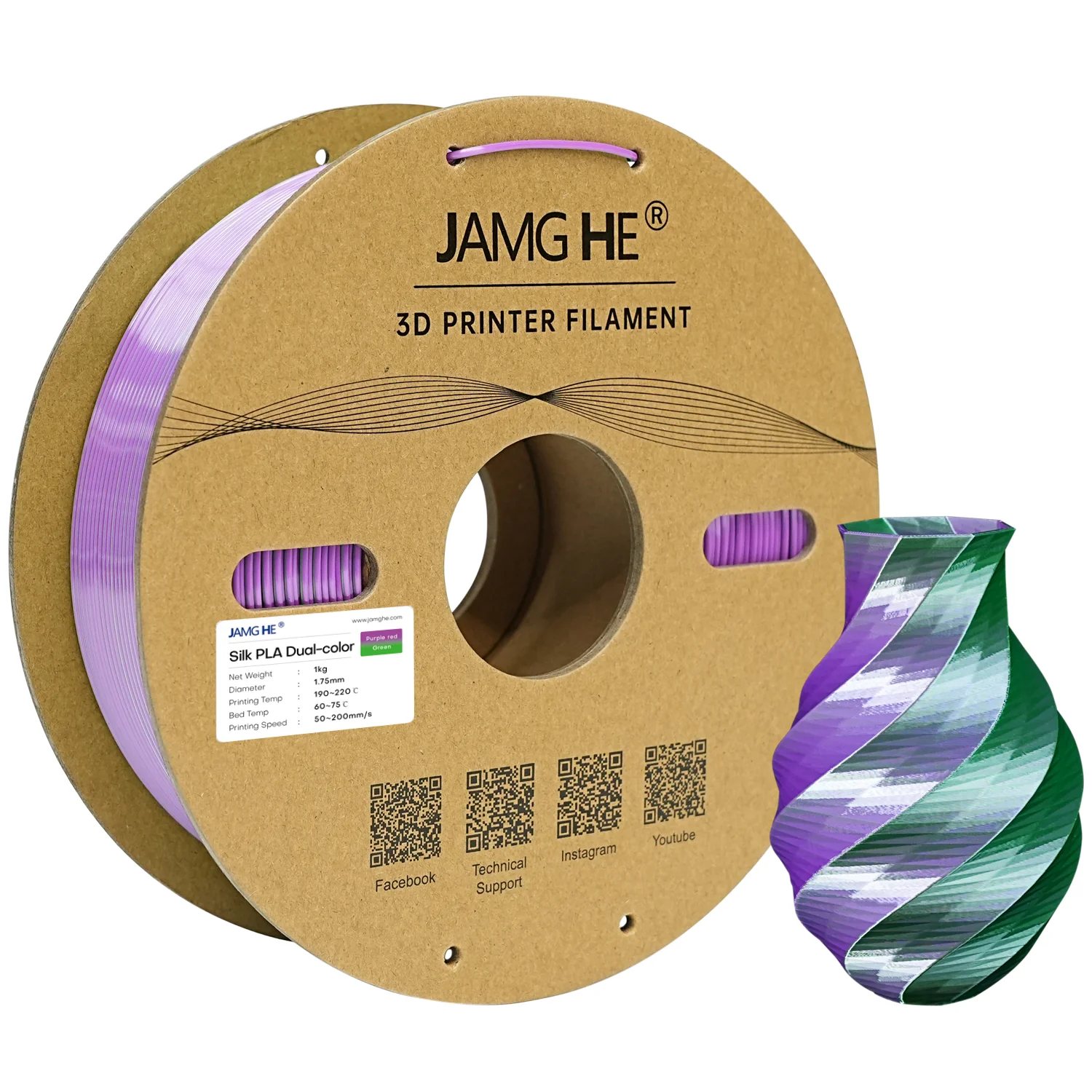 Filament pour imprimante 3D Jamghe Silk PLA bicolore violet-vert, 1,75 mm, 1 kg 1 Filament pour imprimante 3D Jamghe Silk PLA bicolore violet-vert, 1,75 mm, 1 kg